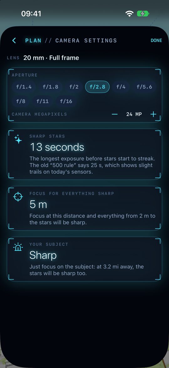 Camera settings: aperture choice, 13 second sharp-star exposure, focus distance