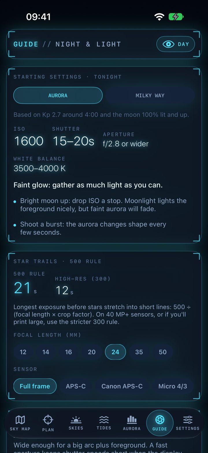 Guide tab: ISO 1600, 15–20 s at f/2.8 for aurora, and the 500 rule at 21 seconds for 24 mm