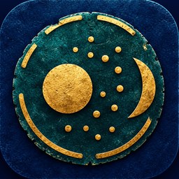 SkyAura app icon: a gold sun, moon and stars on a deep green disc