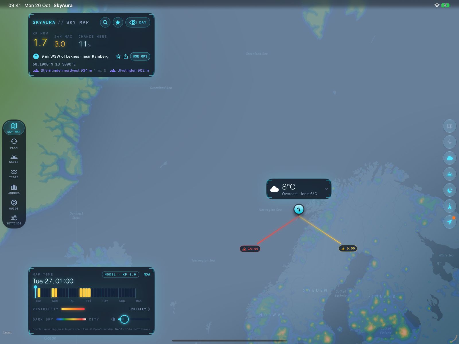 Sky Map on iPad in landscape: tab rail, header panel, map time panel with the dark sky slider, weather card above the pin over Lofoten