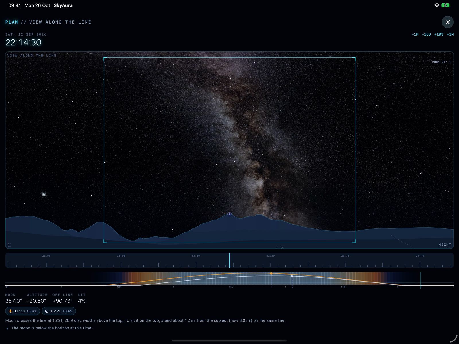 Full-screen view along the line on iPad: the Milky Way rising over the Cuillin skyline at 22:14 on 12 September, inside the lens frame