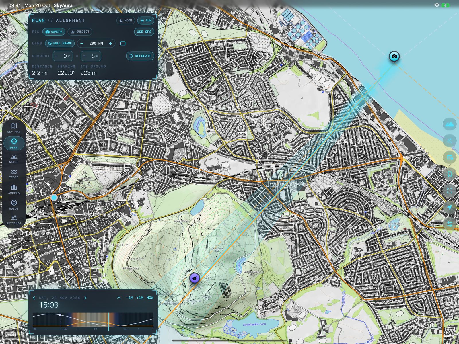 iPad Plan tab over Edinburgh: camera pin at Portobello, subject pin on Arthur's Seat, and the shaded line between them for the sun on 28 November