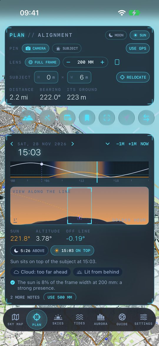 Plan tab at sunset with the golden-hour sky and the sun on top of the subject