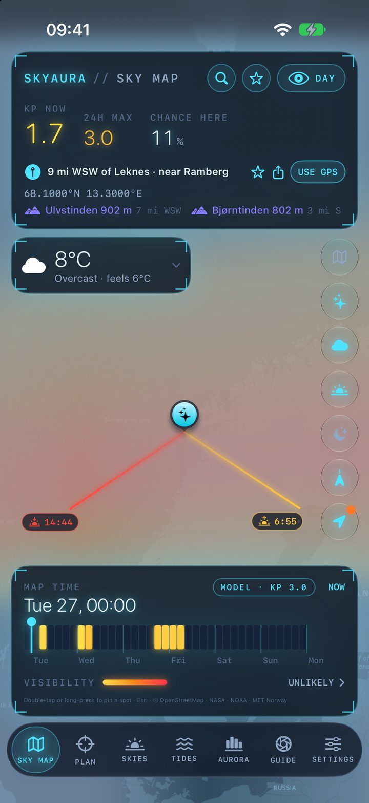 Sky Map in portrait with a pin near Leknes in Lofoten, the weather card, sunrise and sunset lines, and the week timeline