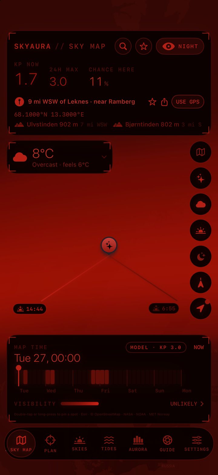 Sky Map in night vision mode, entirely in shades of red