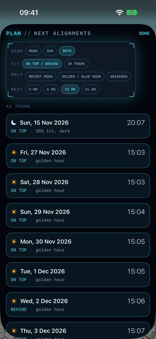 Find next: a list of upcoming alignments from your spot